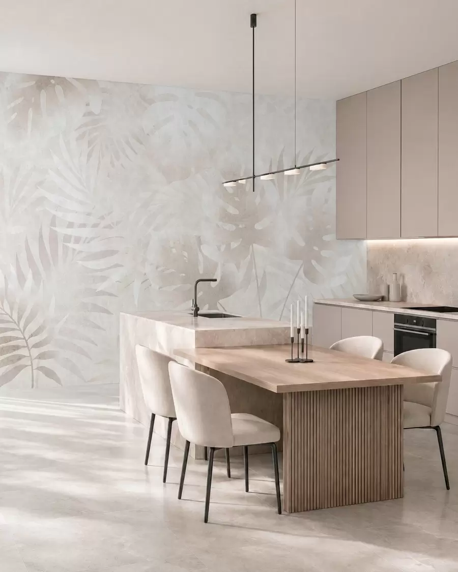 wall murals Tropical leaves with a grunge effect in powdery beige tones w10080