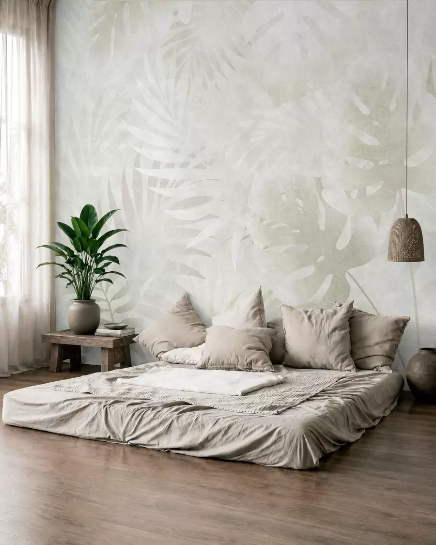 wall murals Tropical leaves with a grunge effect in neutral beige tones w10080v1