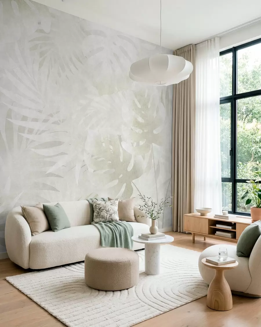wall murals Tropical leaves with a grunge effect in neutral beige tones w10080v1