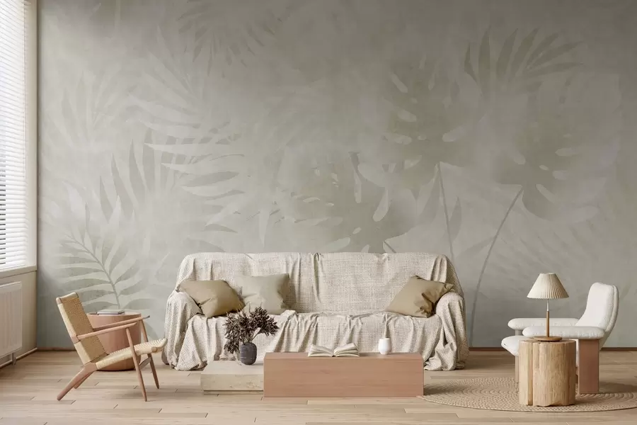wall murals Tropical leaves with a grunge effect in neutral beige tones w10080v1