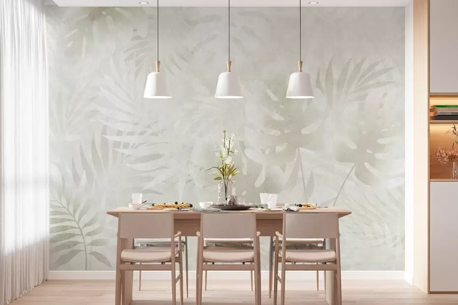wall murals Tropical leaves with a grunge effect in neutral beige tones w10080v1