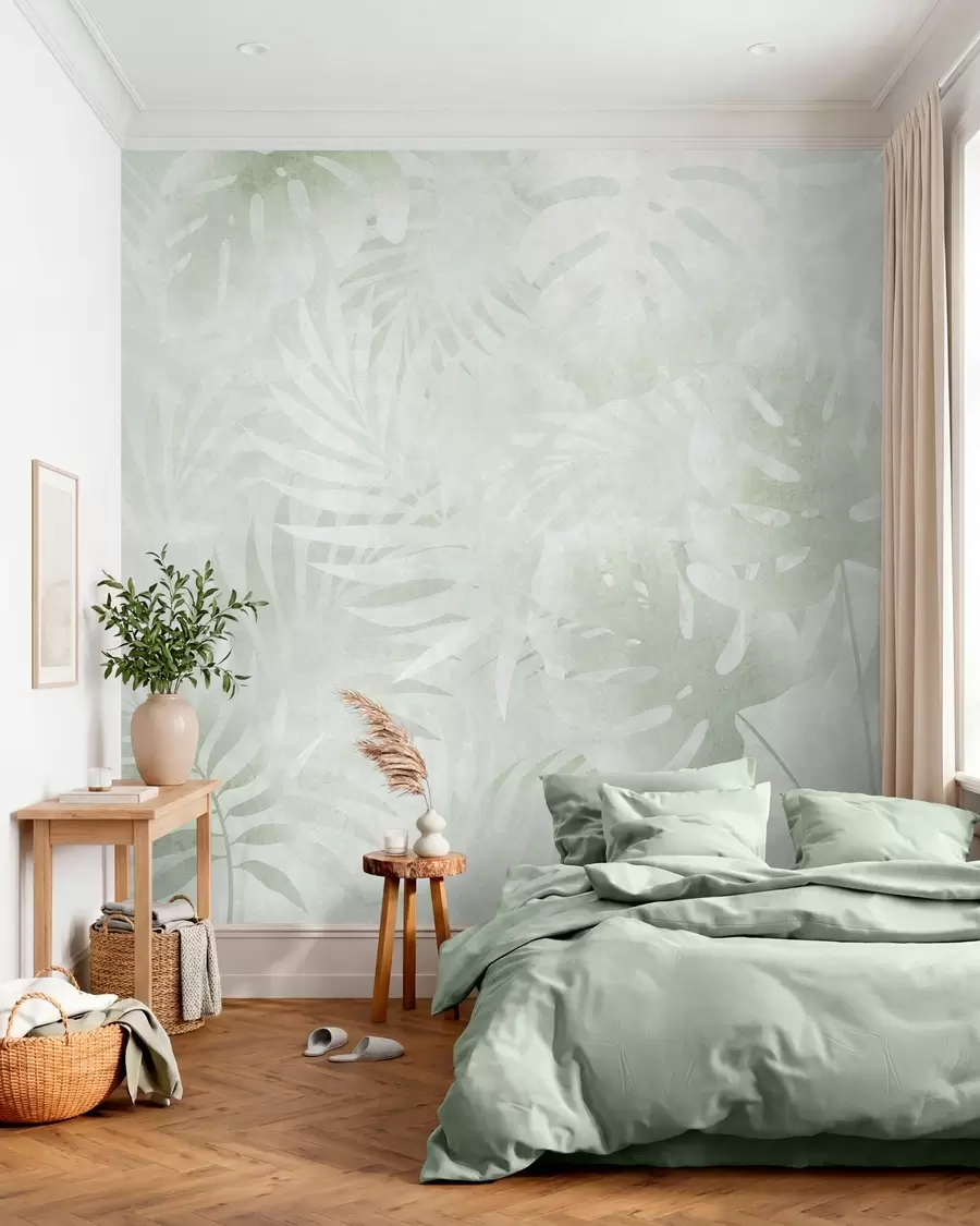 wall murals Tropical leaves with a grunge effect in shades of green w10080v2