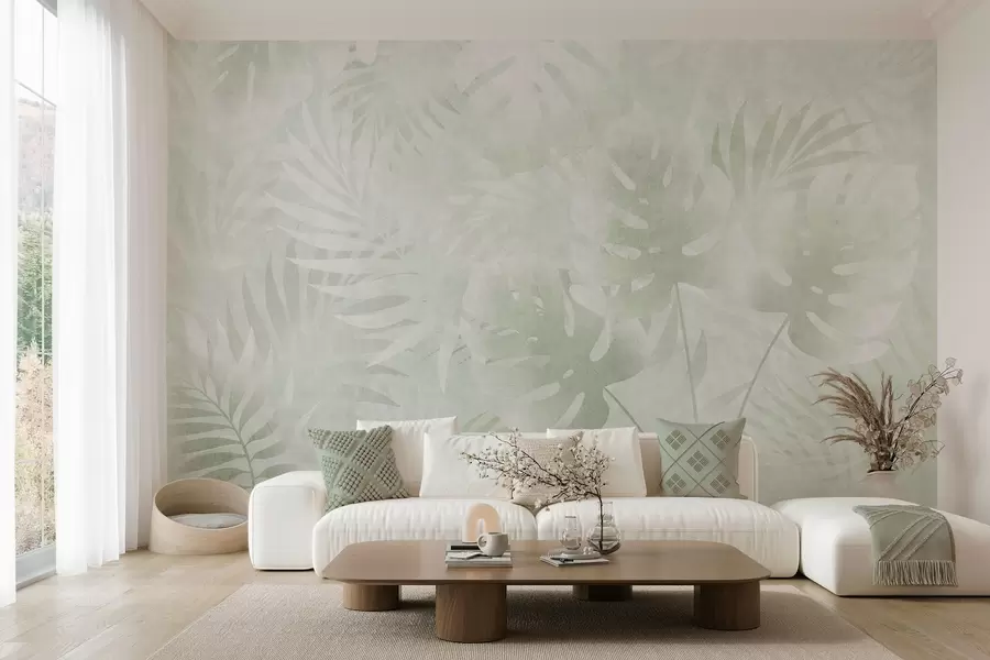 wall murals Tropical leaves with a grunge effect in shades of green w10080v2