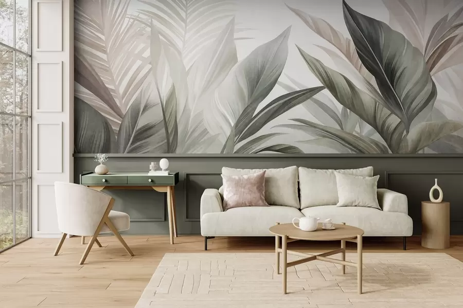 wall murals Tropical leaves in shades of green and pink, textured and large, modern art w10055