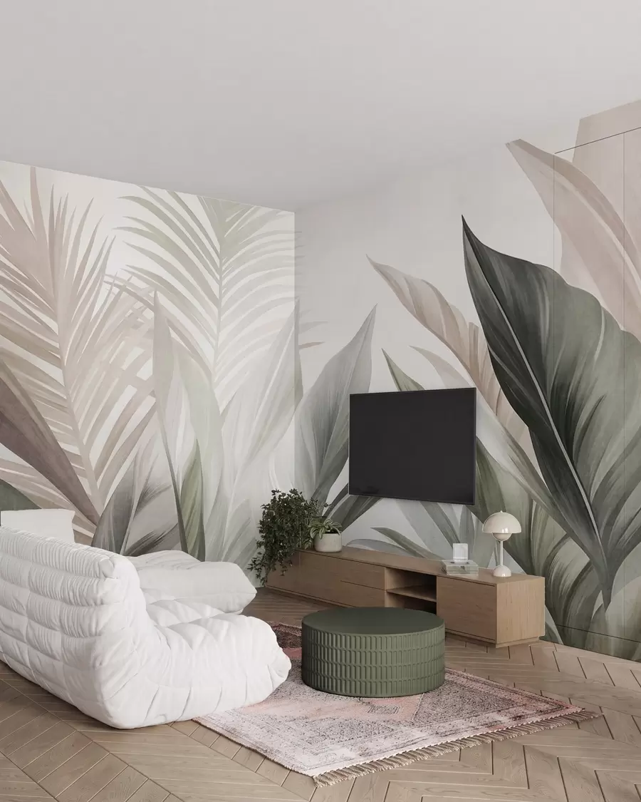 wall murals Tropical leaves in shades of green and pink, textured and large, modern art w10055
