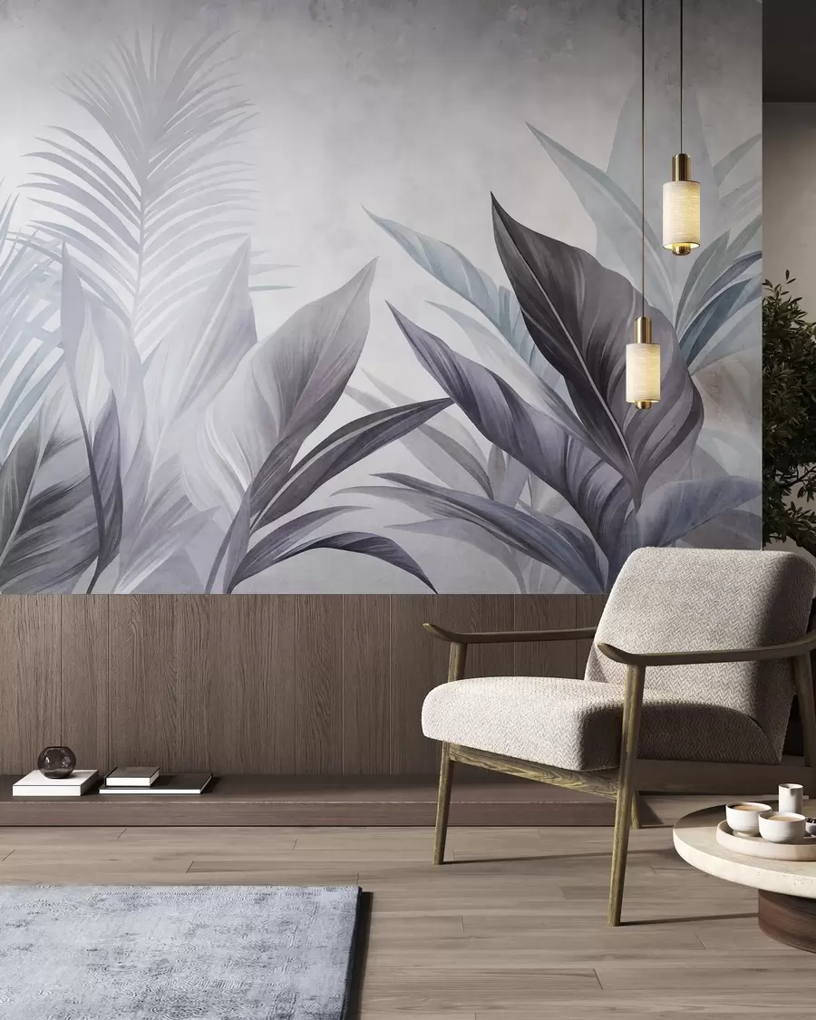 wall murals Tropical leaves in shades of blue and gray, textured and large, modern art w10055v1