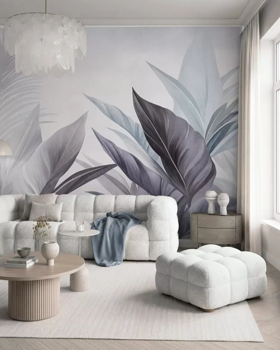 wall murals Tropical leaves in shades of blue and gray, textured and large, modern art w10055v1