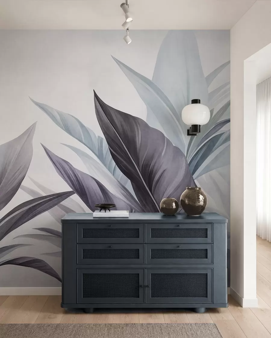 wall murals Tropical leaves in shades of blue and gray, textured and large, modern art w10055v1