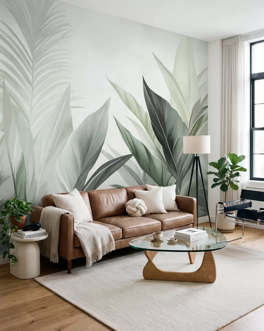 wall murals Tropical leaves in shades of green, textured and large, modern art w10055v2