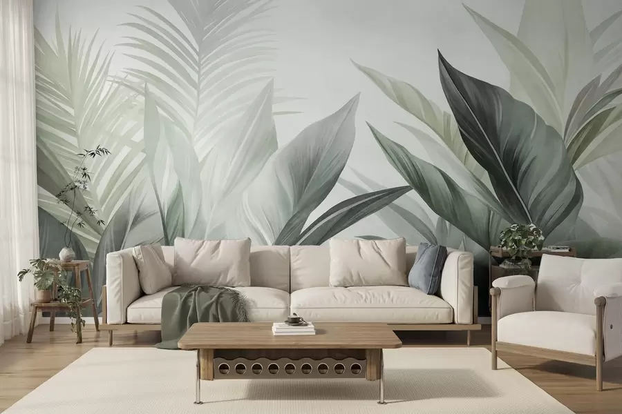 wall murals Tropical leaves in shades of green, textured and large, modern art w10055v2
