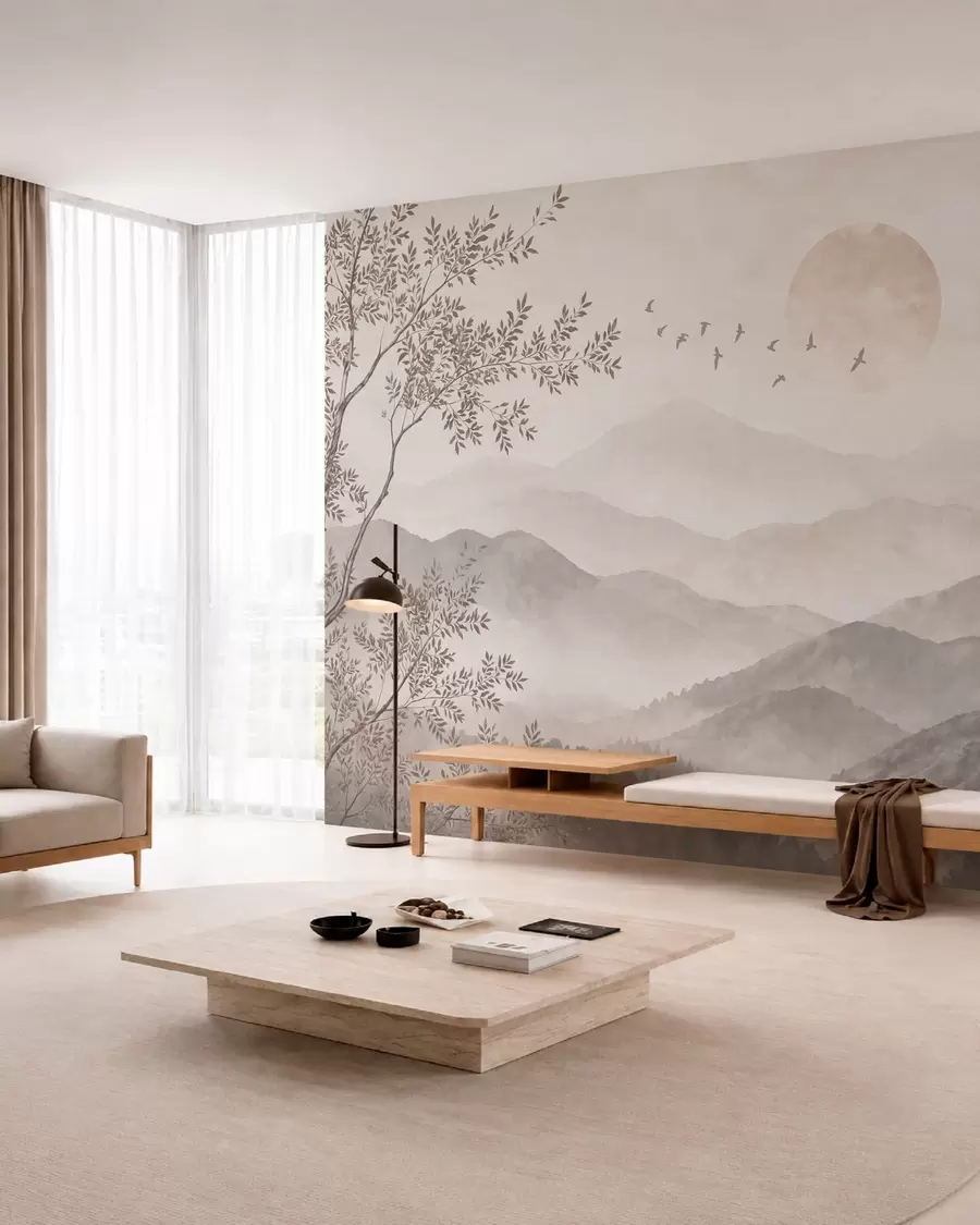 wall murals Misty mountains with a tree, birds and sun w05924v1