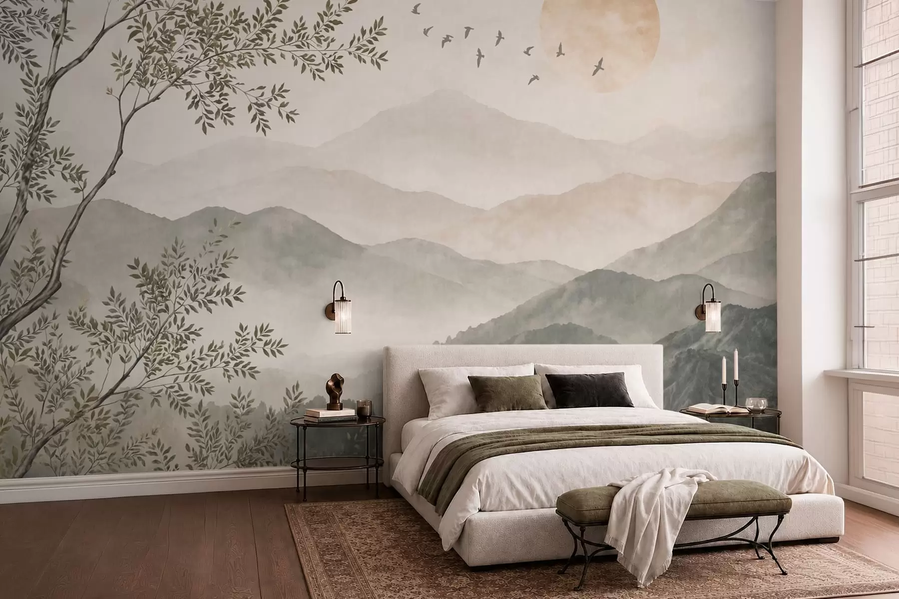 wall murals Mountain landscape with a tree, birds and sun w05924