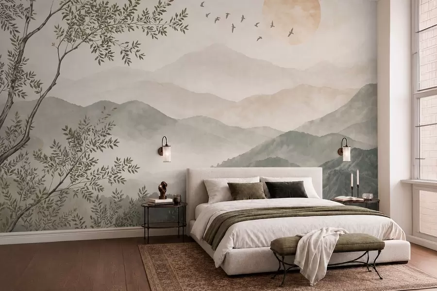 wall murals Mountain landscape with a tree, birds and sun w05924