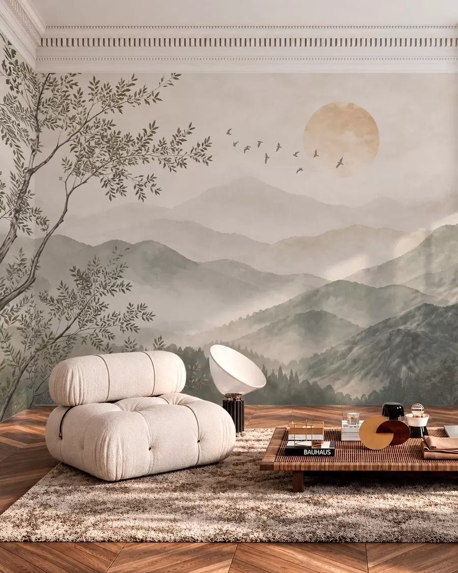 wall murals Mountain landscape with a tree, birds and sun w05924