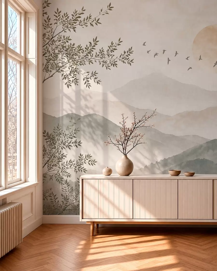 wall murals Mountain landscape with a tree, birds and sun w05924
