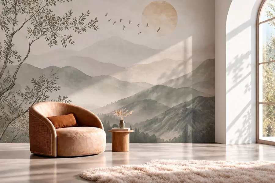 wall murals Mountain landscape with a tree, birds and sun w05924