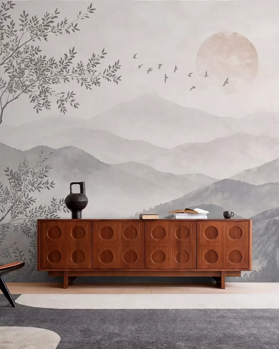 wall murals Pale mountain scenery with a tree and birds w05924v2