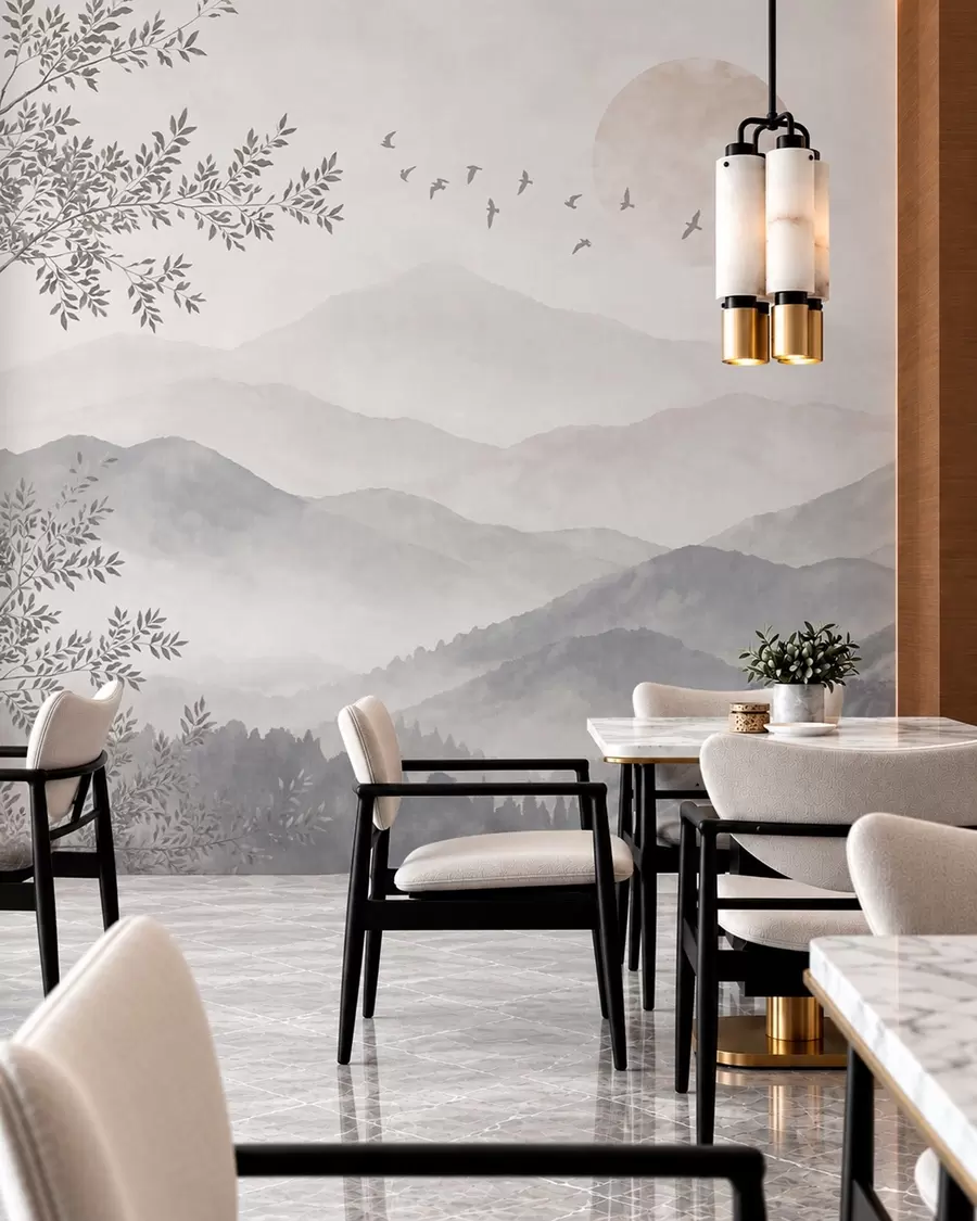 wall murals Pale mountain scenery with a tree and birds w05924v2