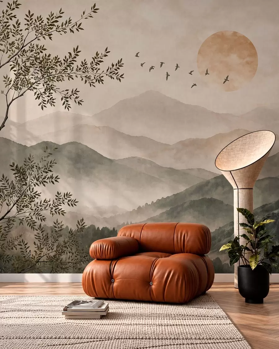 wall murals Mountain ridges with a tree, birds and sun w05924v3
