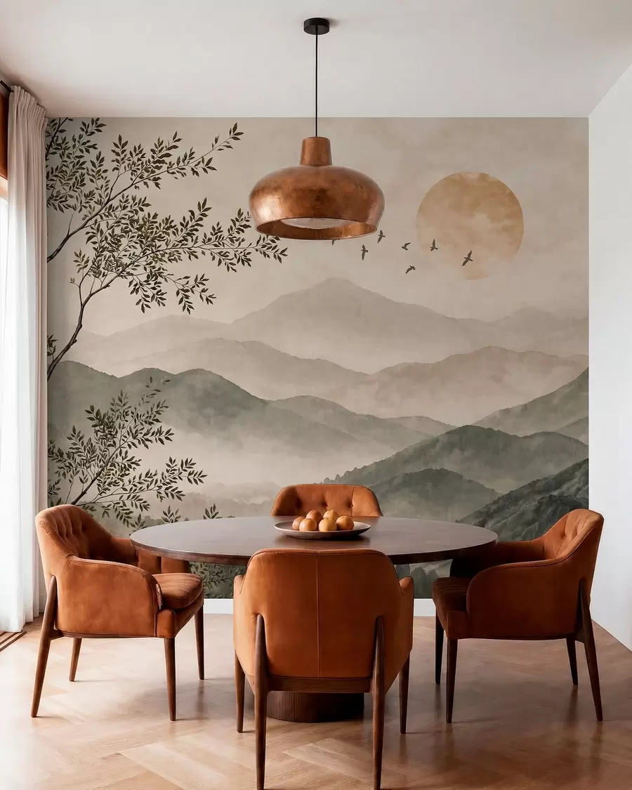 wall murals Mountain ridges with a tree, birds and sun w05924v3