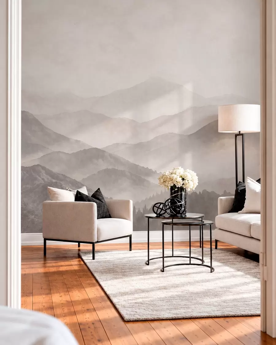 wall murals Misty mountains in soft neutral tones w05925v1