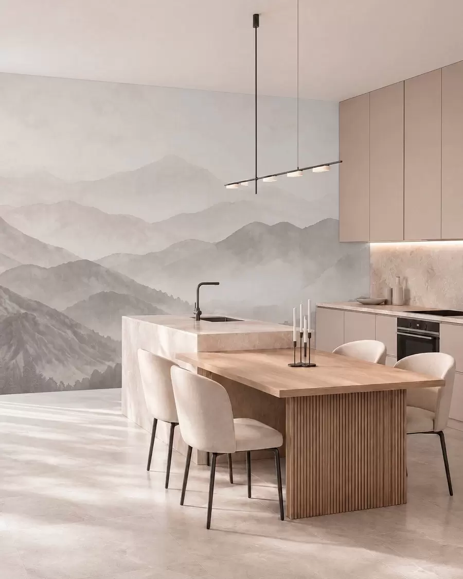 wall murals Misty mountains in soft neutral tones w05925v1