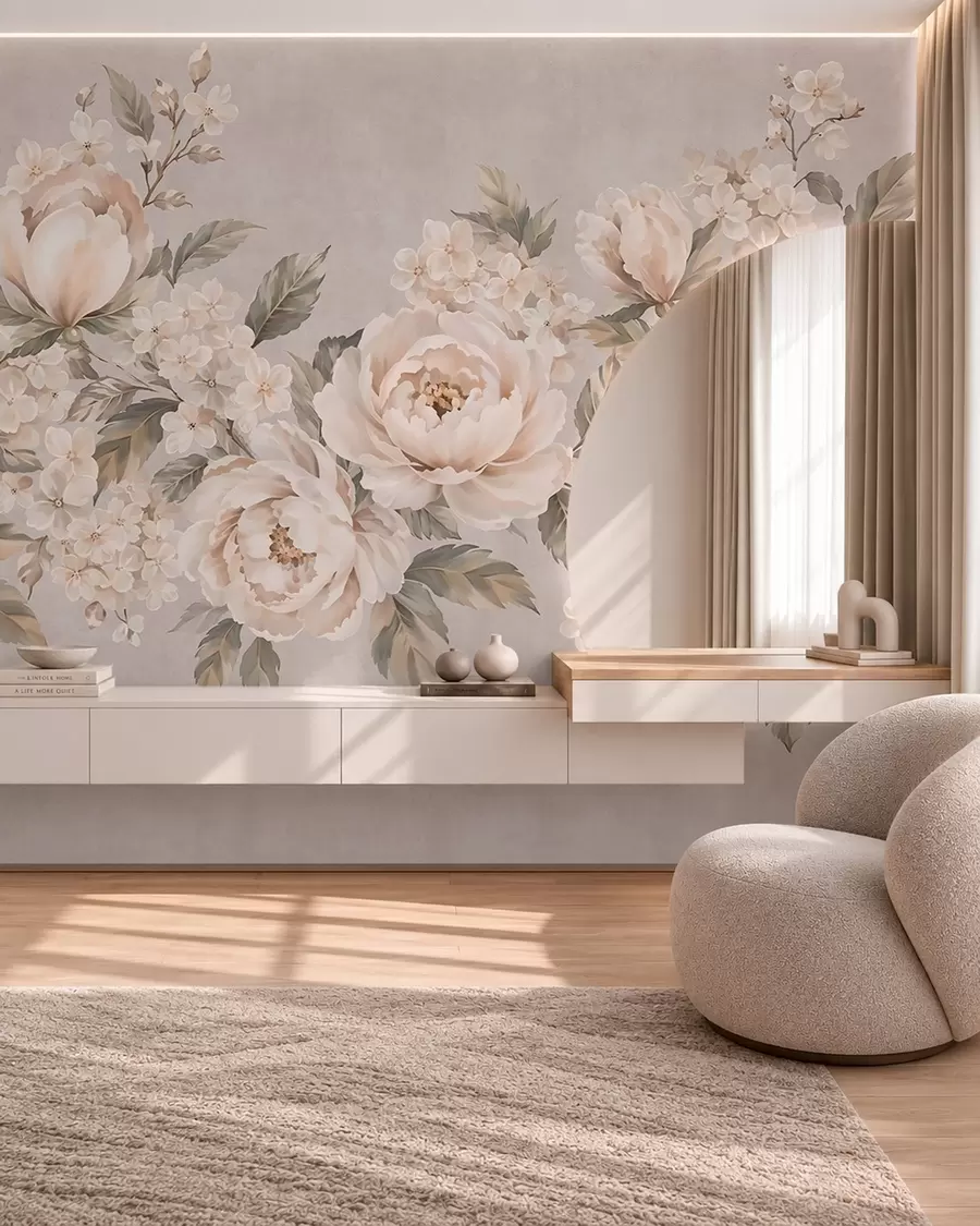 wall murals Delicate cream flowers and green leaves in a pastel palette w05926