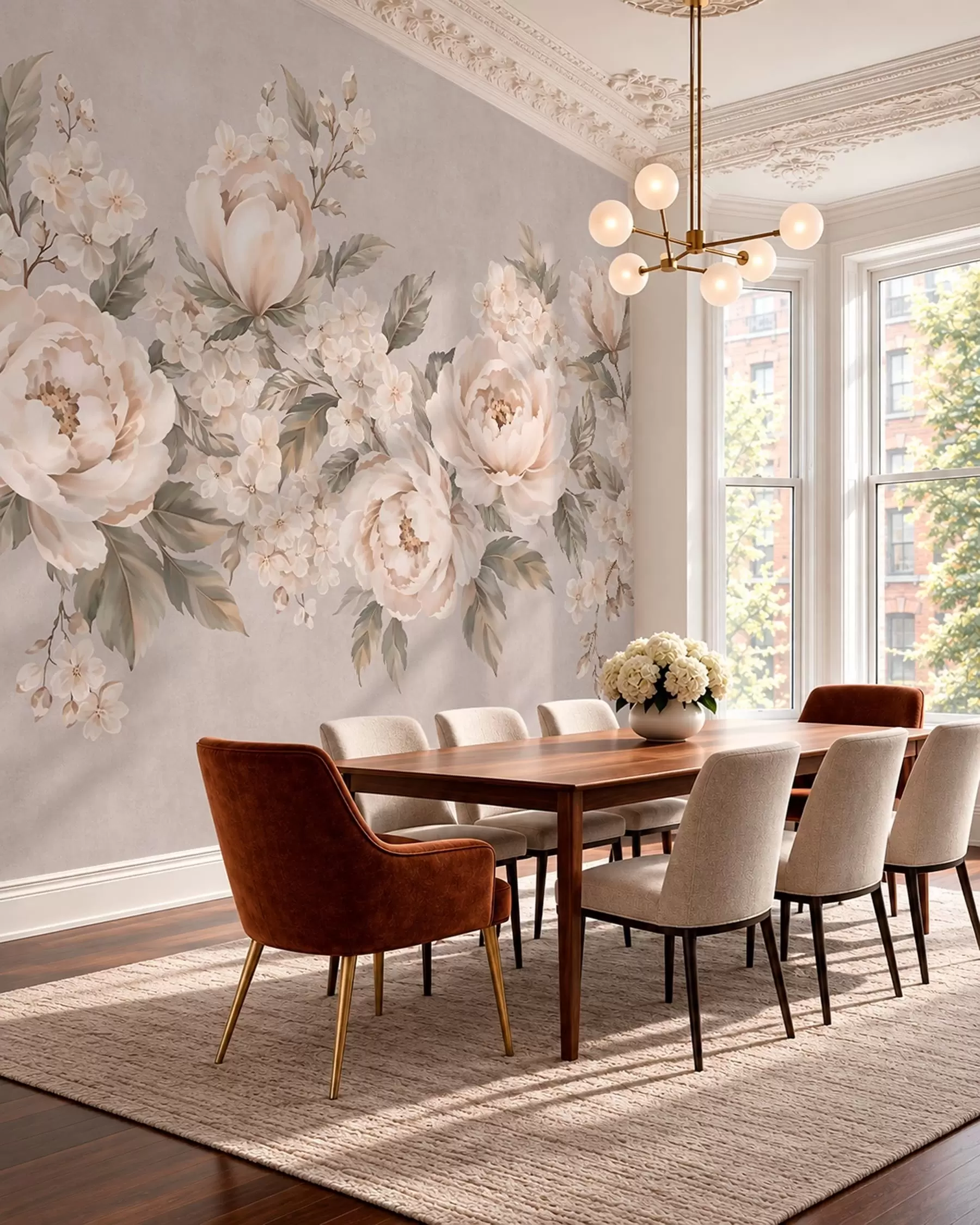 wall murals Delicate cream flowers and green leaves in a pastel palette w05926
