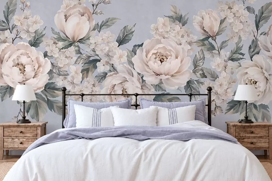 wall murals Delicate pale flowers with leaves on a blue background w05926v1