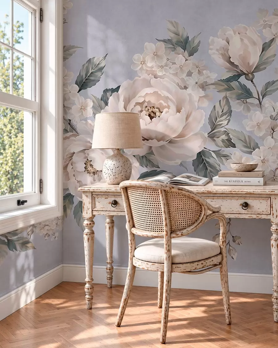wall murals Delicate pale flowers with leaves on a blue background w05926v1