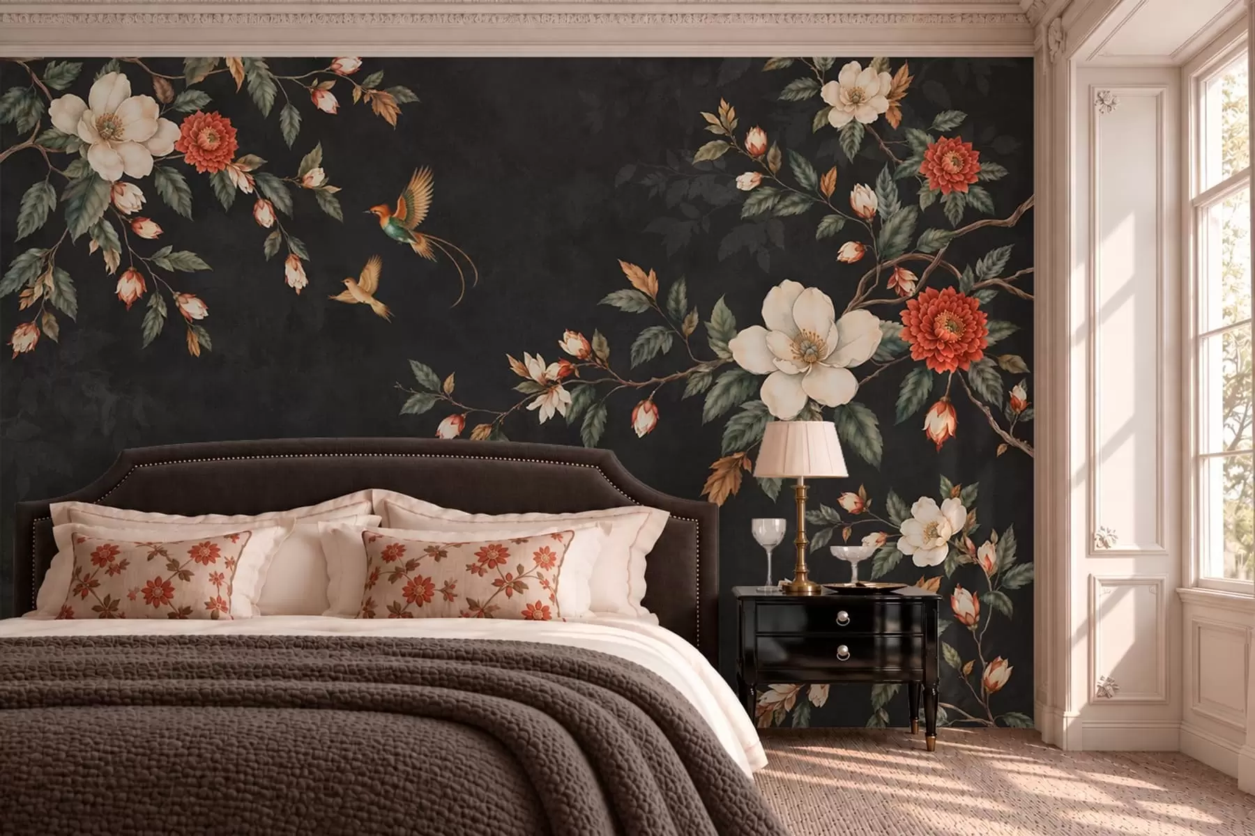 wall murals Flowering branches and two birds on a dark background w05927