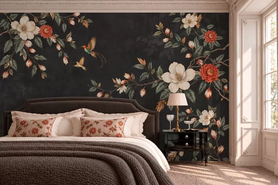 wall murals Flowering branches and two birds on a dark background w05927