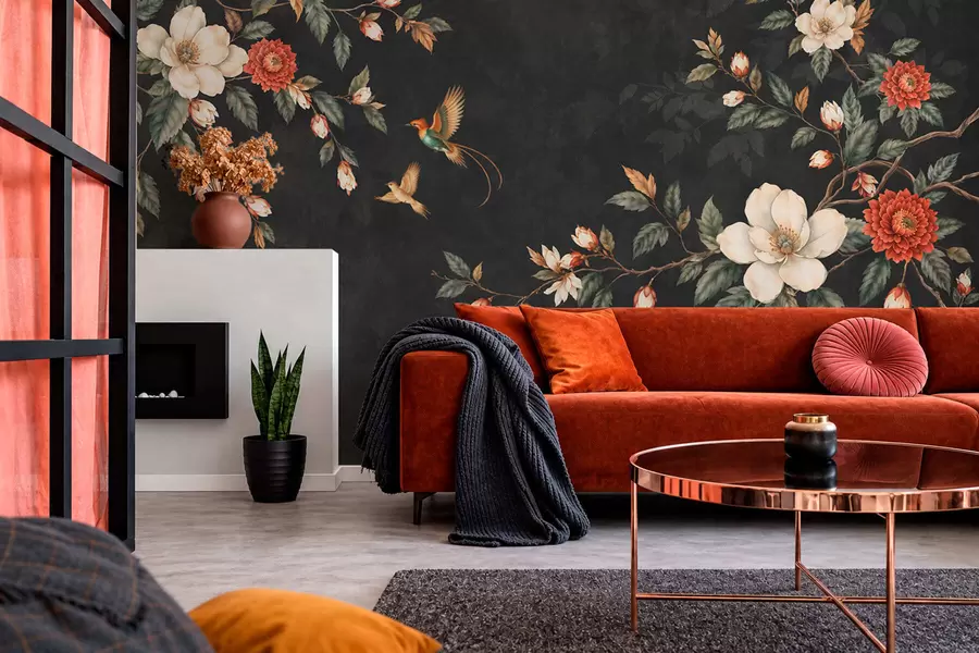 wall murals Flowering branches and two birds on a dark background w05927