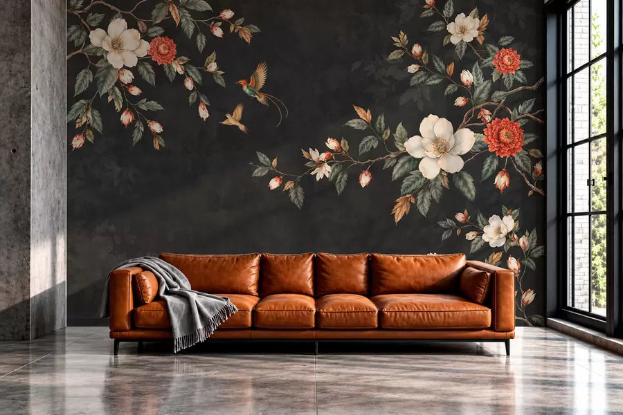 wall murals Flowering branches and two birds on a dark background w05927