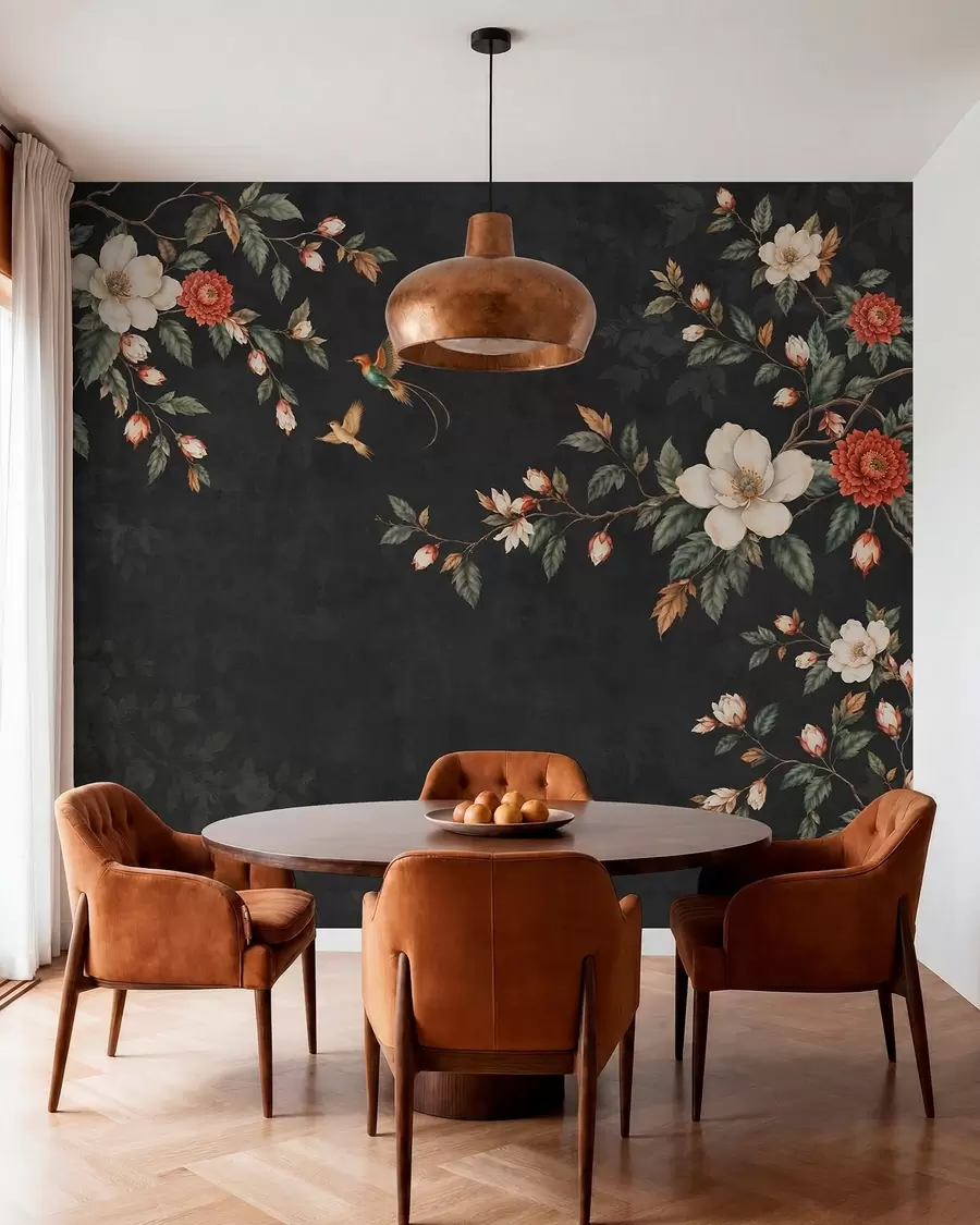 wall murals Flowering branches and two birds on a dark background w05927