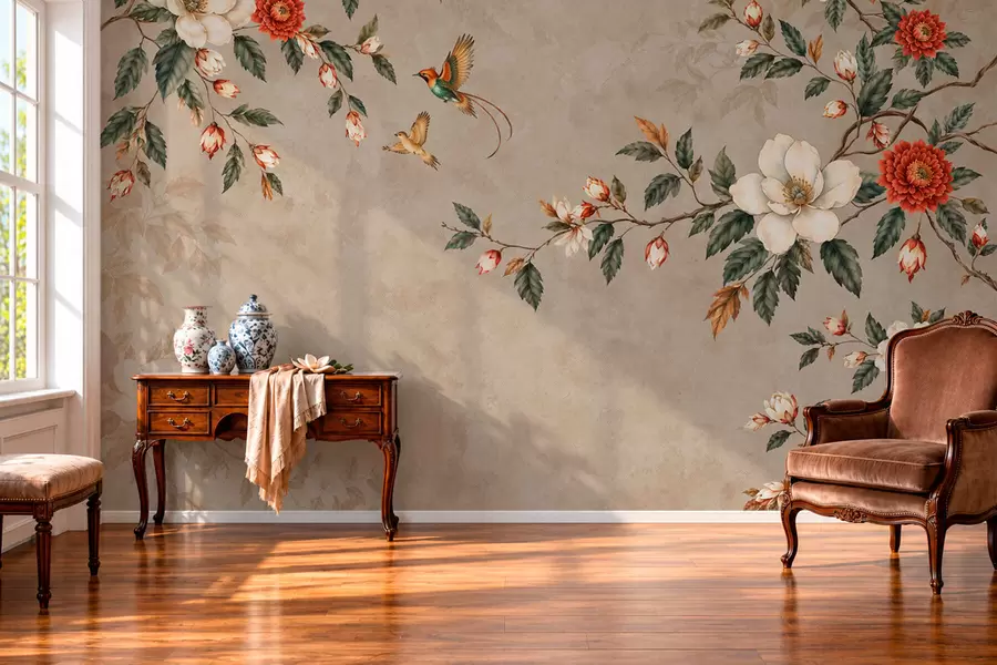 wall murals Flowers, green leaves and two birds on a light background w05927v1