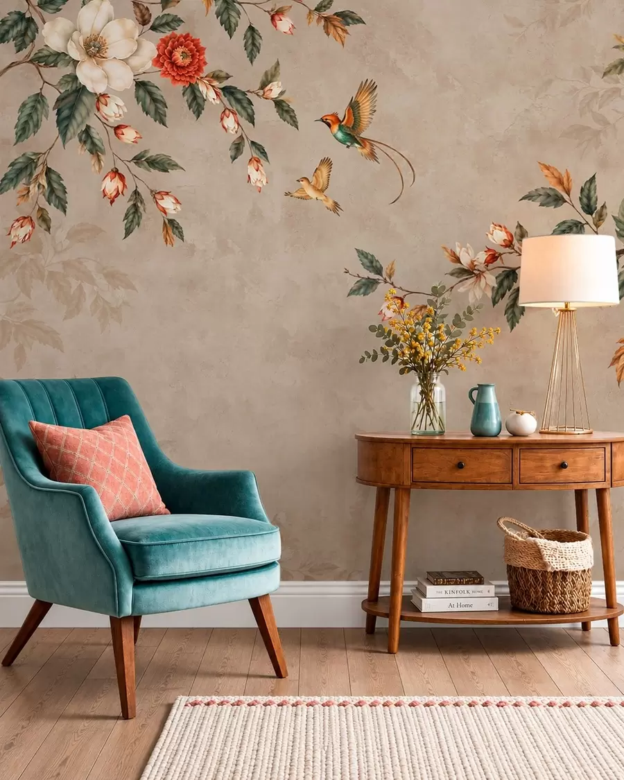 wall murals Flowers, green leaves and two birds on a light background w05927v1