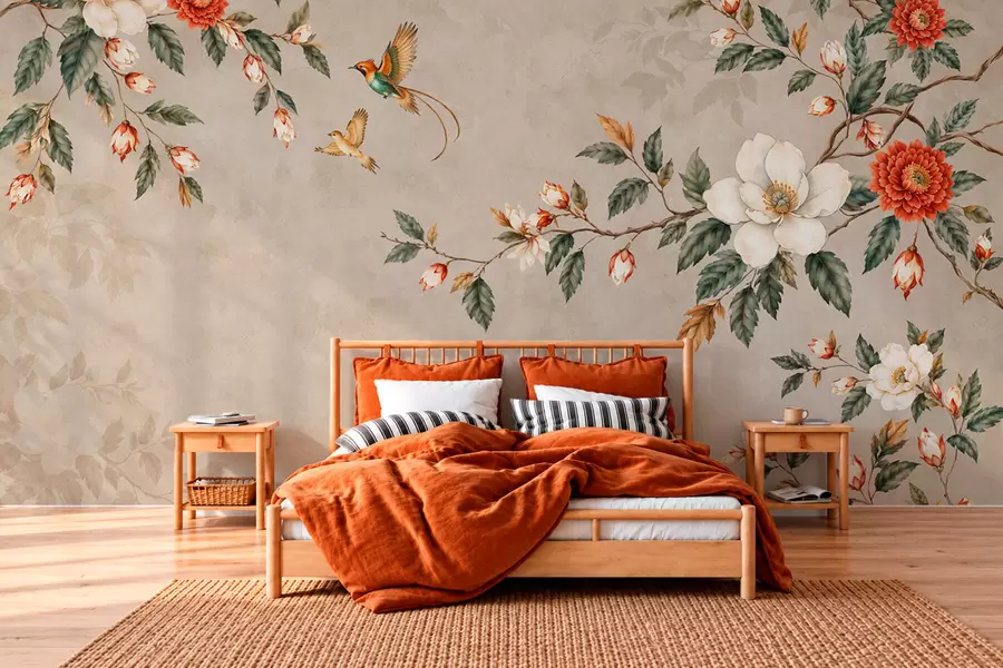 wall murals Flowering branches and two birds on a beige background w05927v2