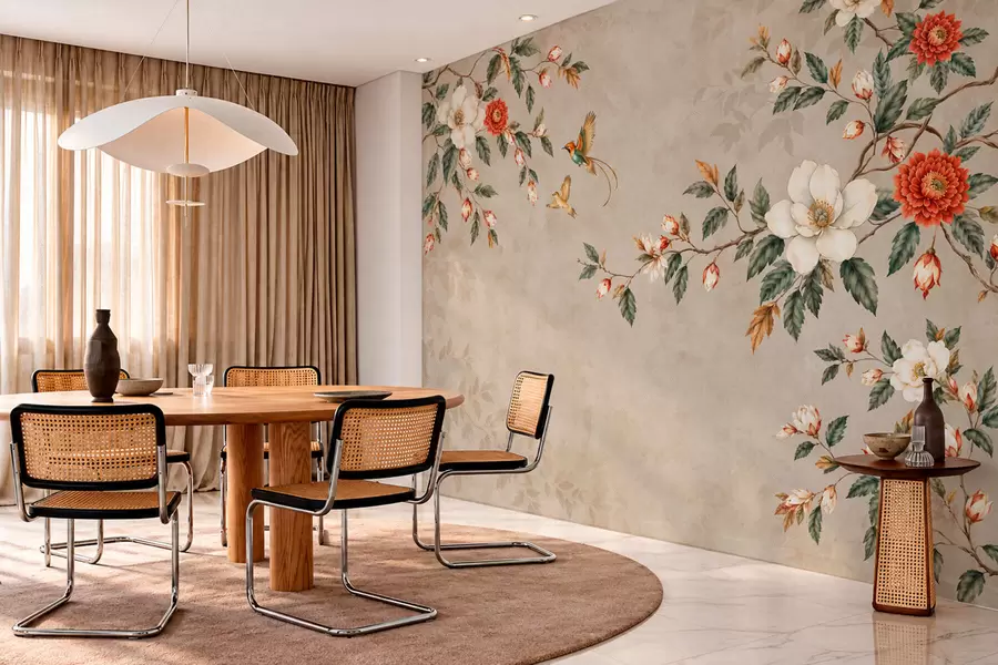 wall murals Flowering branches and two birds on a beige background w05927v2