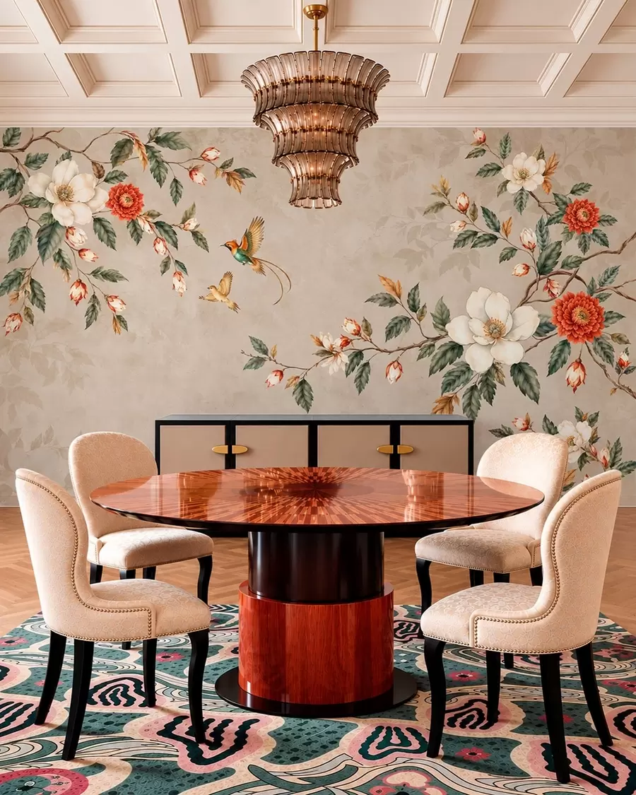 wall murals Flowering branches and two birds on a beige background w05927v2