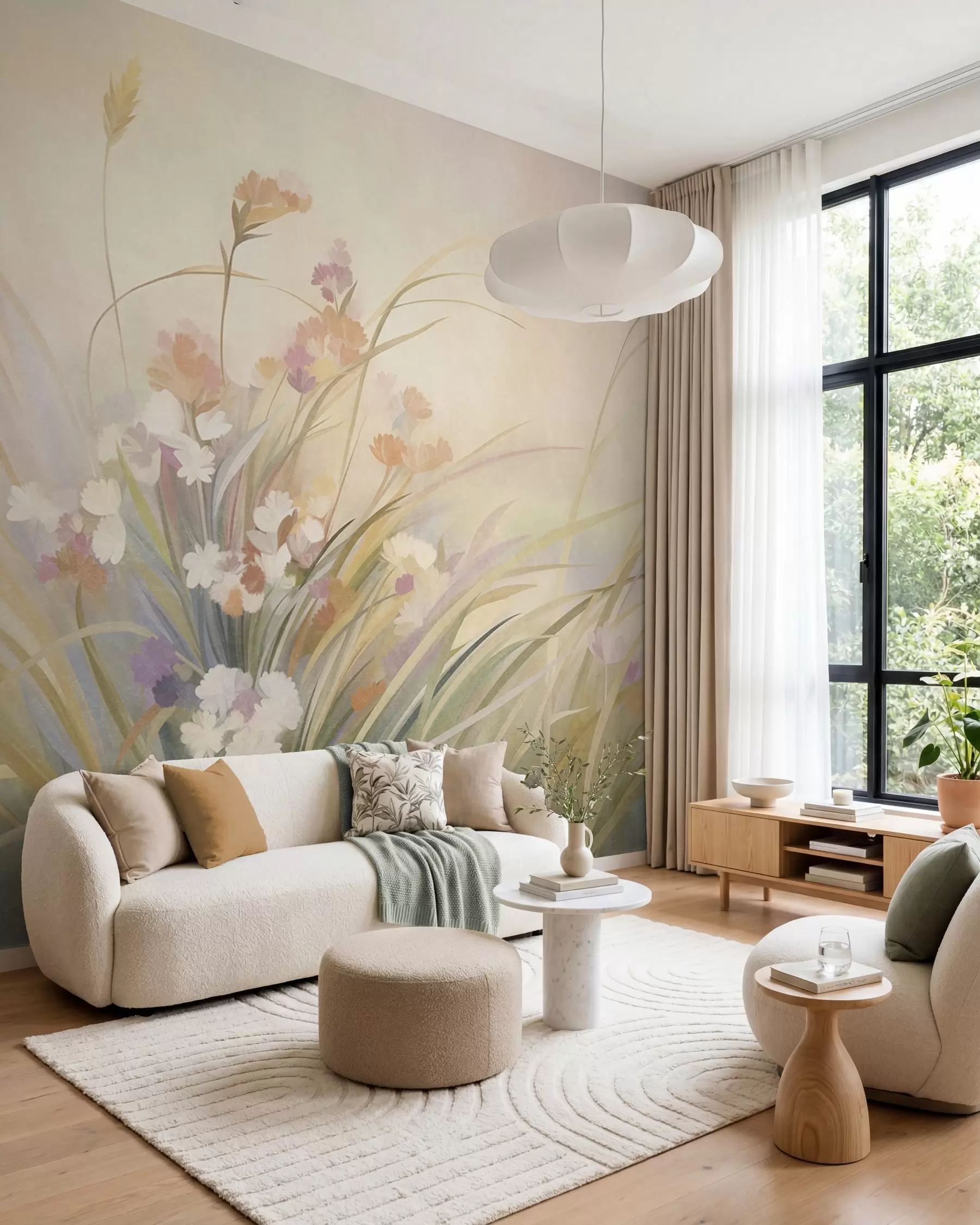 wall murals Tall grass and wildflowers in soft pastel colors, textured art w10062