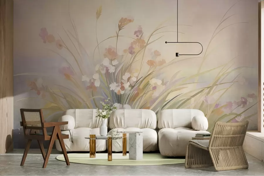 wall murals Tall grass and wildflowers in soft pastel colors, textured art w10062