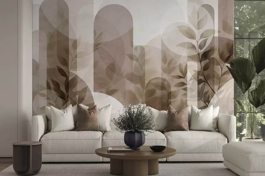 wall murals Abstract geometric elements and delicate leaves in muted brown and beige w10088