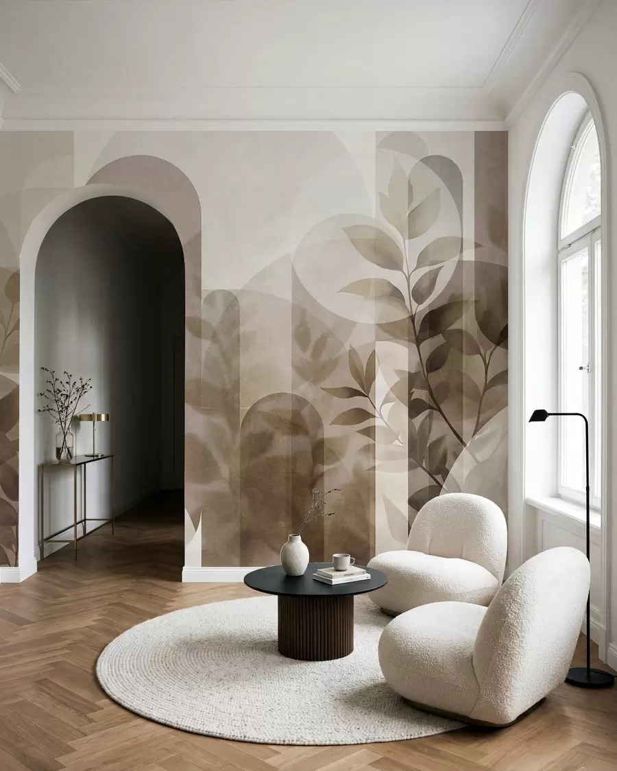 wall murals Abstract geometric elements and delicate leaves in muted brown and beige w10088