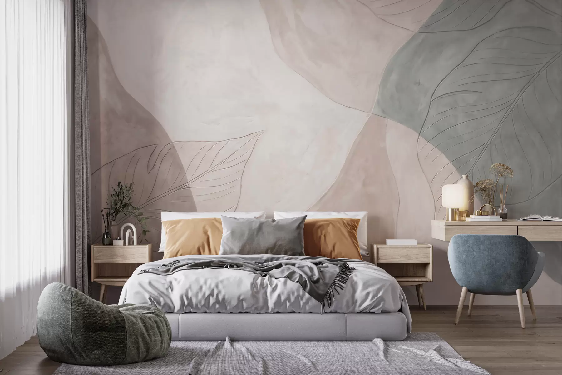wall murals Abstract botanical composition with large leaves and organic shapes in shades of beige, cream, and green w10070