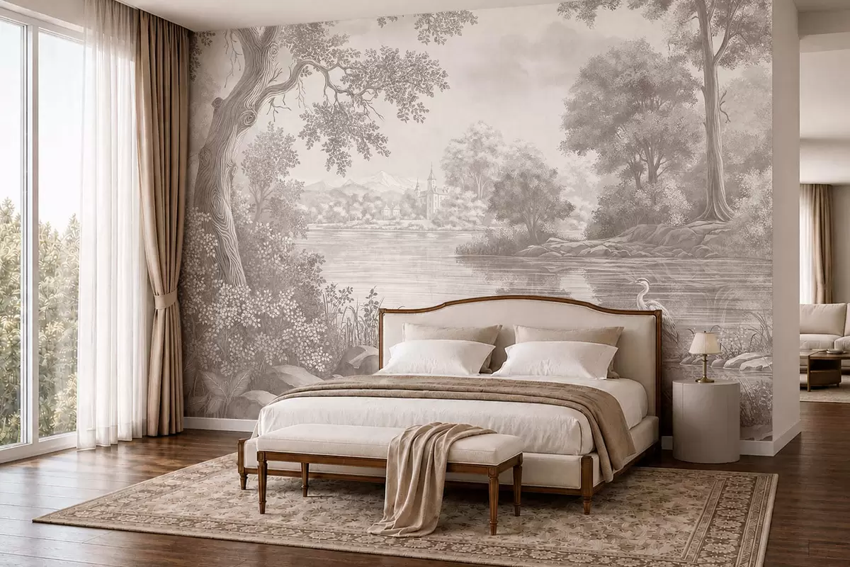 wall murals Monochrome forest landscape with a lake and heron w05805