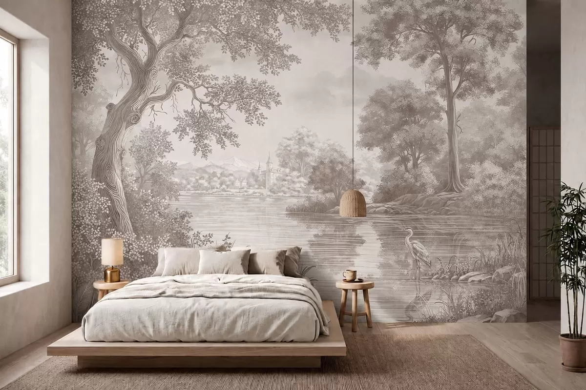 wall murals Monochrome forest landscape with a lake and heron w05805