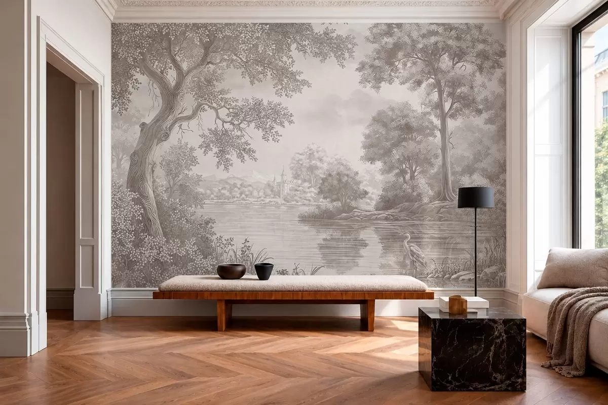wall murals Monochrome forest landscape with a lake and heron w05805