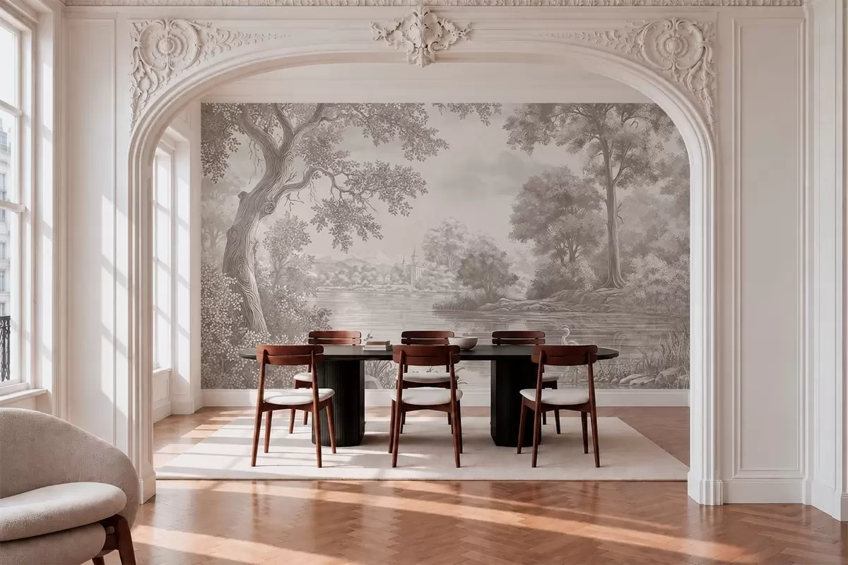 wall murals Monochrome forest landscape with a lake and heron w05805