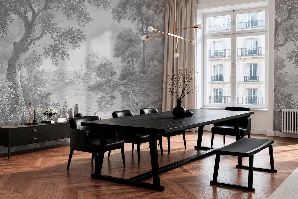 wall murals Gray forest scenery with a heron by the lake w05805v1